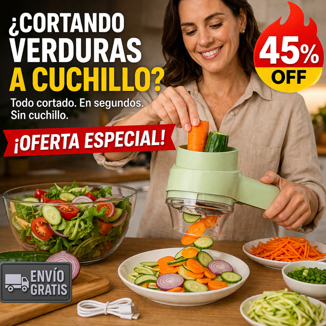 Cortador Verduras Eléctrico 4 en 1 – USB Recargable – Sin Cuchillo Ni Accidentes