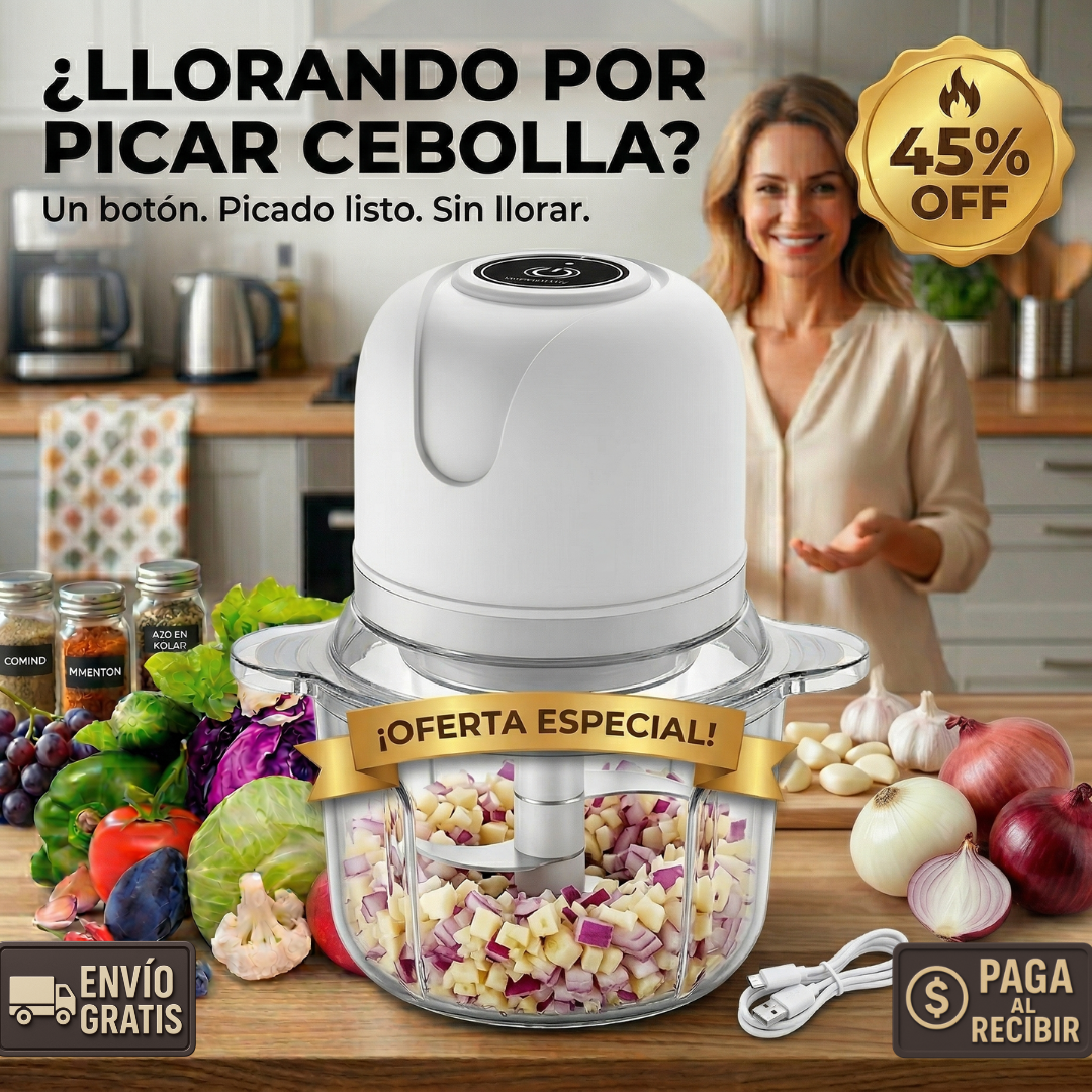 2X1 Picadora Eléctrica USB – Cuchillas Inoxidable – Pica Sin Llorar!
