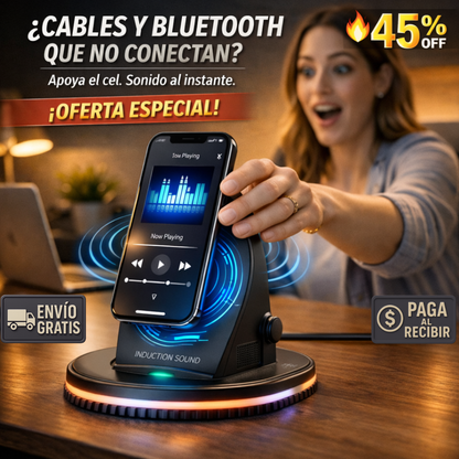 Soporte 5 en 1 – Inducción + Carga 15W – Sonido Instantáneo Sin Cables!