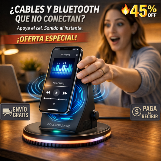 Soporte 5 en 1 – Inducción + Carga 15W – Sonido Instantáneo Sin Cables!