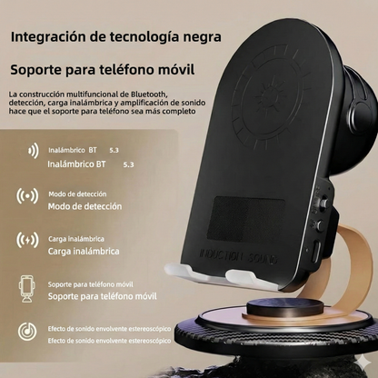Soporte 5 en 1 – Inducción + Carga 15W – Sonido Instantáneo Sin Cables!