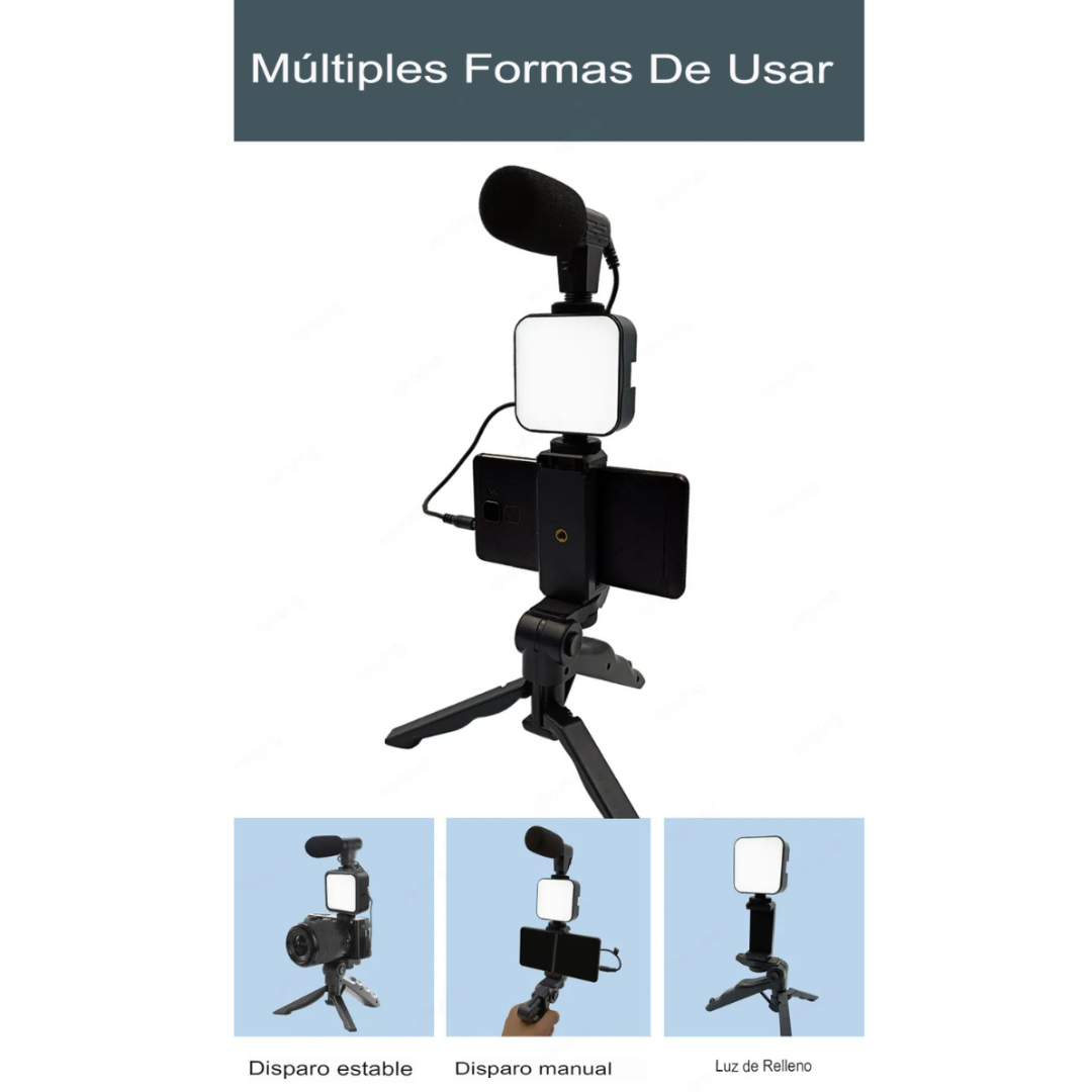 Kit Trípode Todo en Uno – Luz LED y Micrófono – Contenido Profesional al Instante