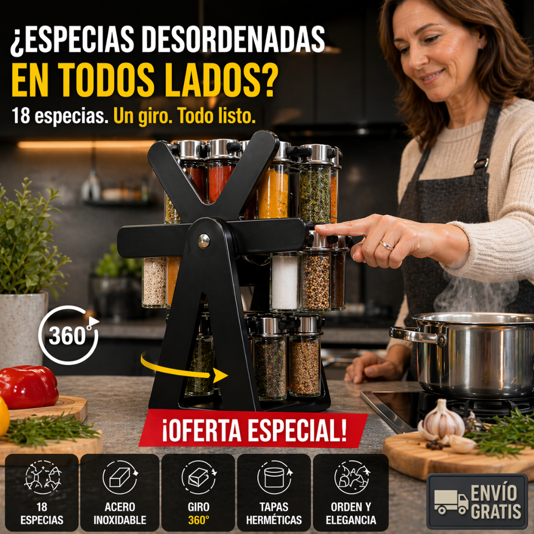 Especiero Giratorio 360° – 18 Frascos Herméticos – Cocina Organizada