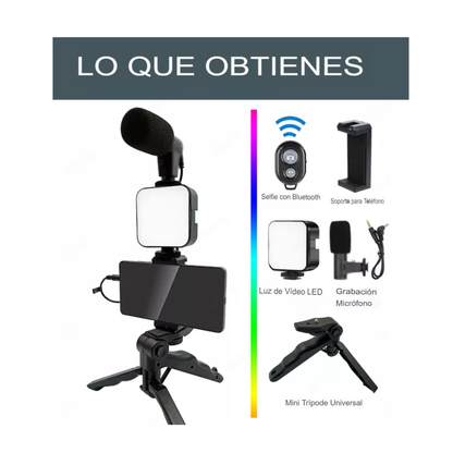 Kit Trípode Todo en Uno – Luz LED y Micrófono – Contenido Profesional al Instante
