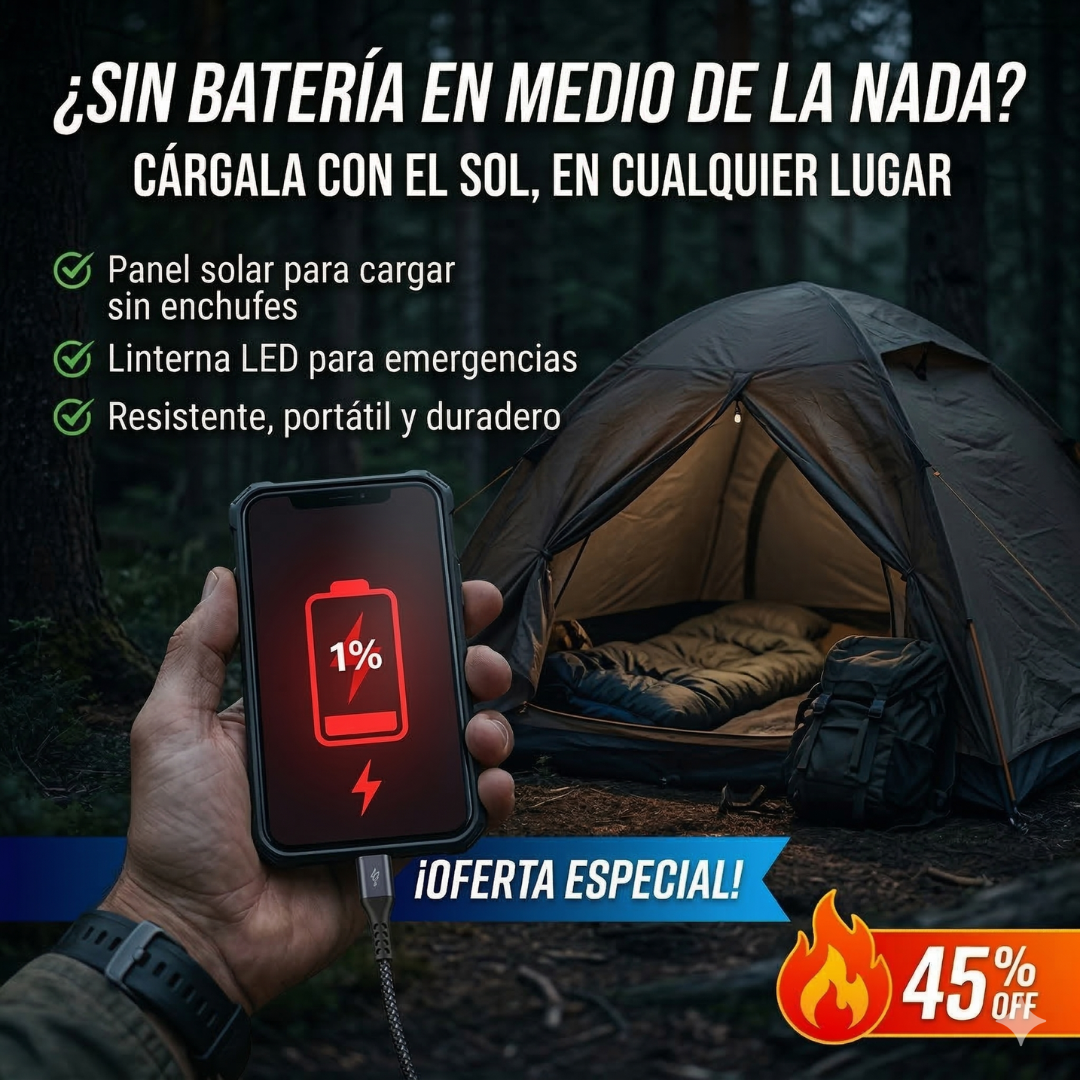 Cargador Solar de Emergencia – Linterna LED – Siempre Conectado sin importar lo que pase!