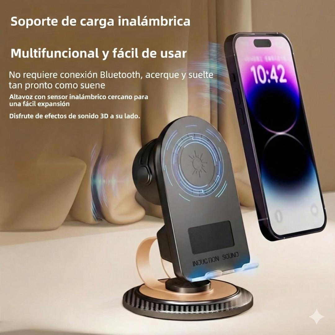 Soporte 5 en 1 – Inducción + Carga 15W – Sonido Instantáneo Sin Cables!