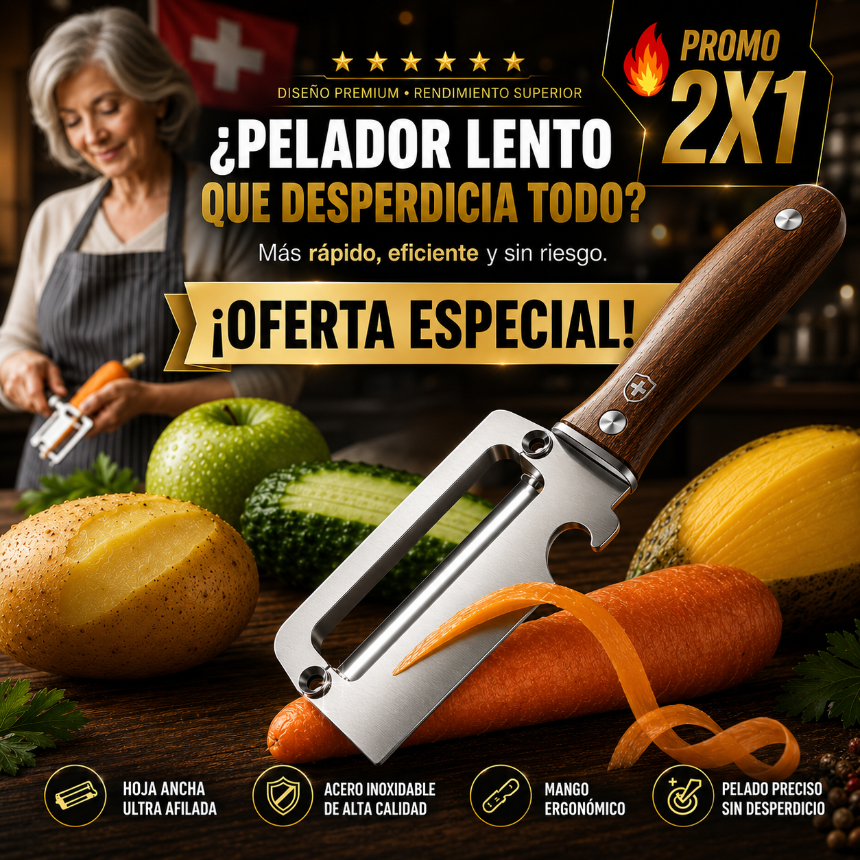 2x1 PELADOR SUIZO MULTIUSOS – Acero inoxidable- Pela Rápido y fácil!