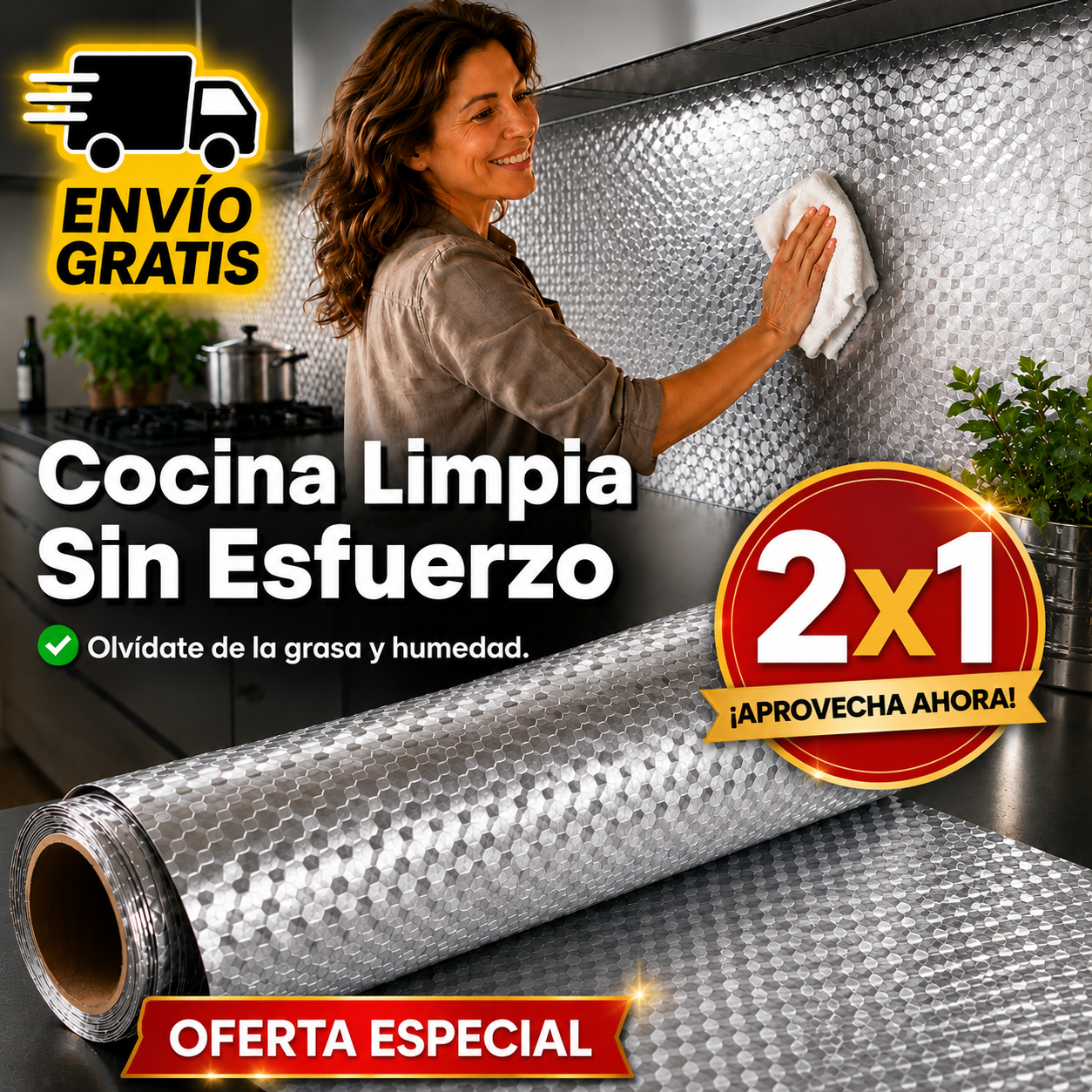 2 X 1 Aluminio Adhesivo – Protege y Decora – Cocina Moderna y Sin Grasa.