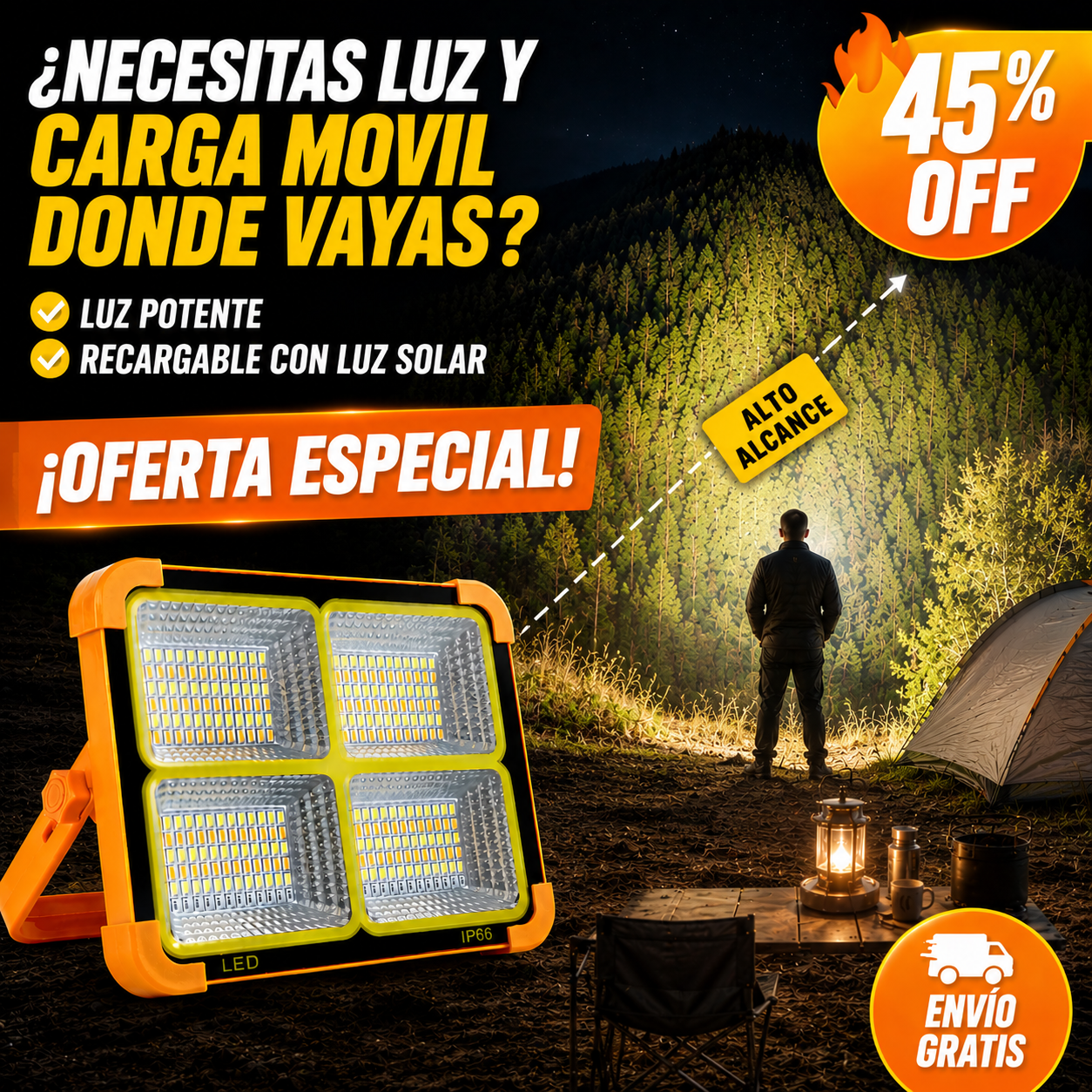Foco Solar Autónomo – Ilumina & Carga – Tu Energía Off-Grid Siempre
