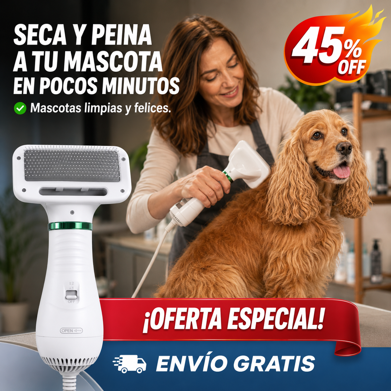 Secador Cepillo para tu mascota – Ahorra Tiempo  – Pelo Perfecto Rápido