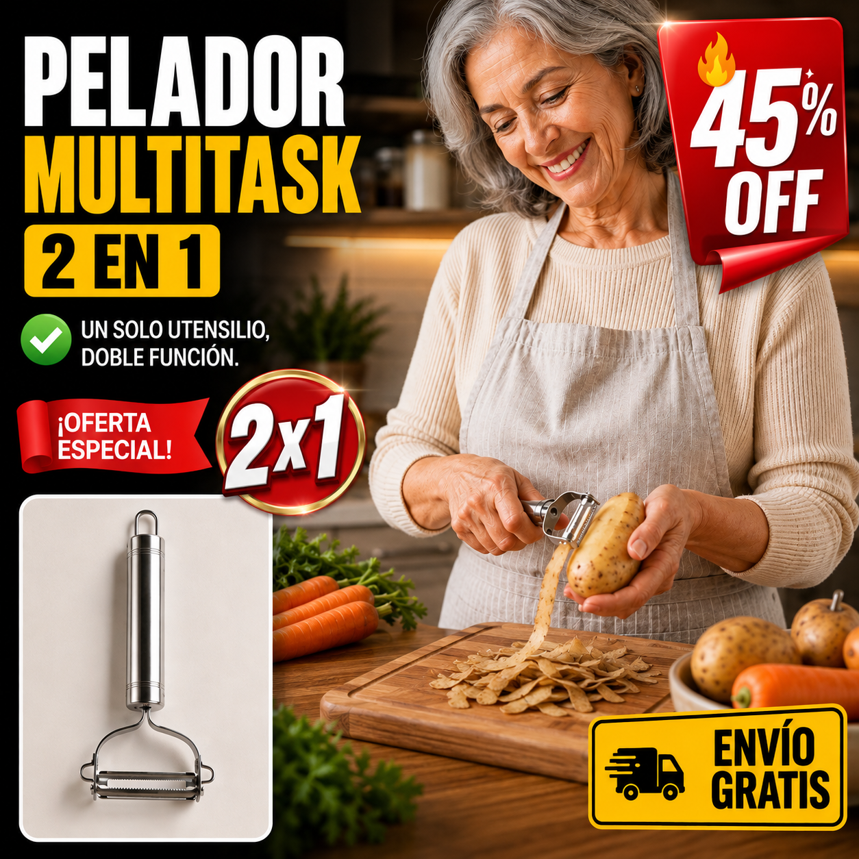 2x1 Pelador Multitask – Cocina Rápido – Tiempo Libre para Ti