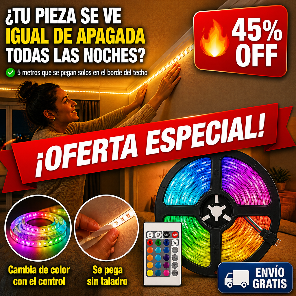 Tira LED RGB 5 Metros – Se Pega Sola y Cambia de Color con Control – ¡La Pieza Queda Otra! — imagen 1
