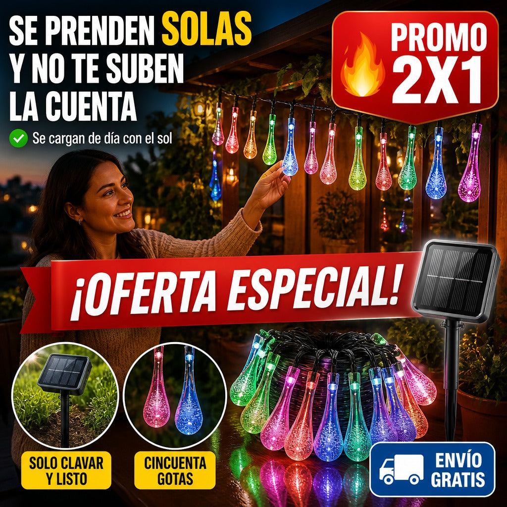Guirnalda Solar de Gotas – 10 Metros y 50 Luces – Se Prenden Solas — imagen 1